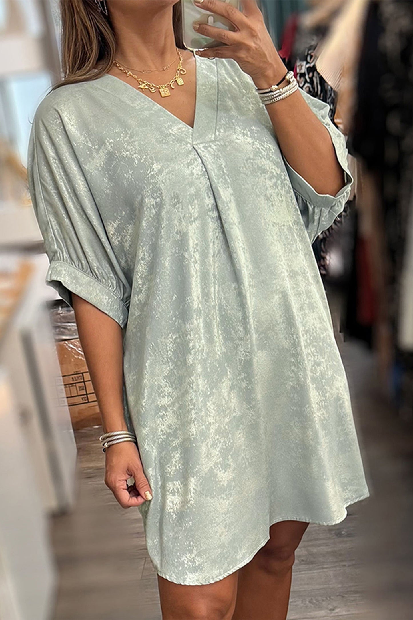 Metallic V-Neck Short Sleeve Mini Dress