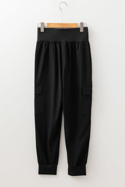 Solid Elastic High Waist Pocketed Cargo Jogger Pants