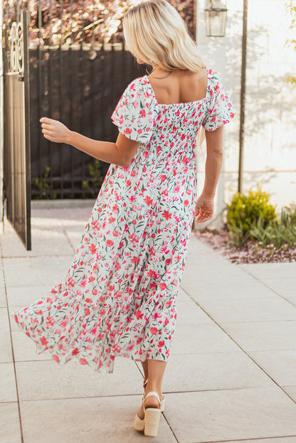 Floral Puff Sleeve Square Neck Tiered Dress