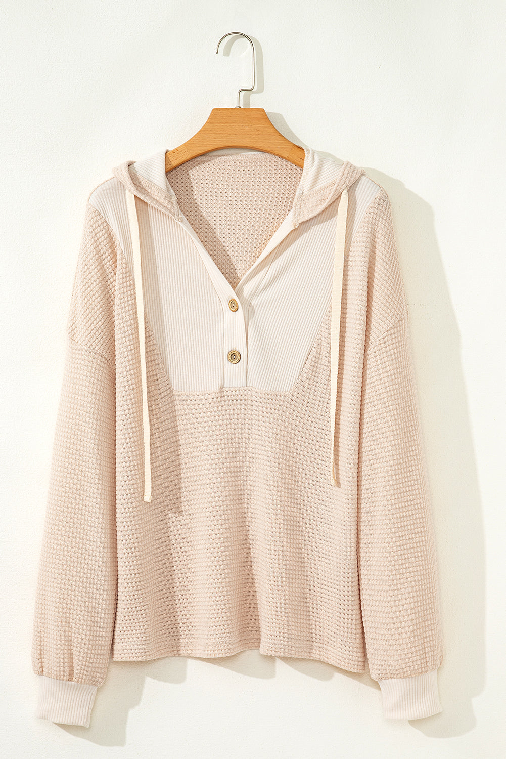 Waffle Patchwork Drop Shoulder Long Sleeve Hooded Top