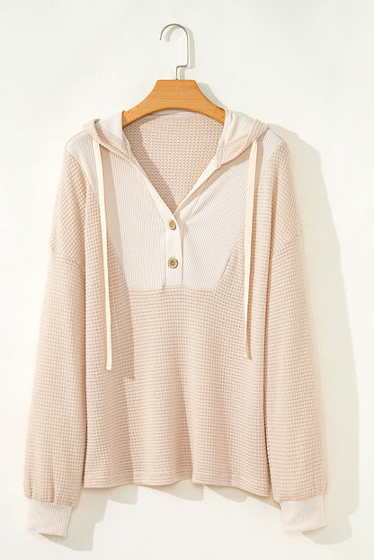 Waffle Patchwork Drop Shoulder Long Sleeve Hooded Top