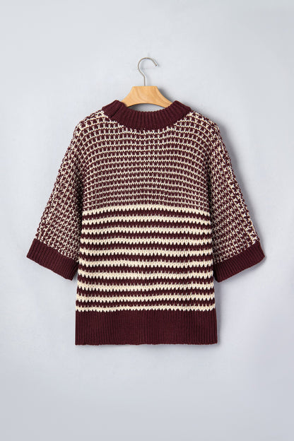 Stripe Draped 3/4 Sleeve Slouchy Sweater