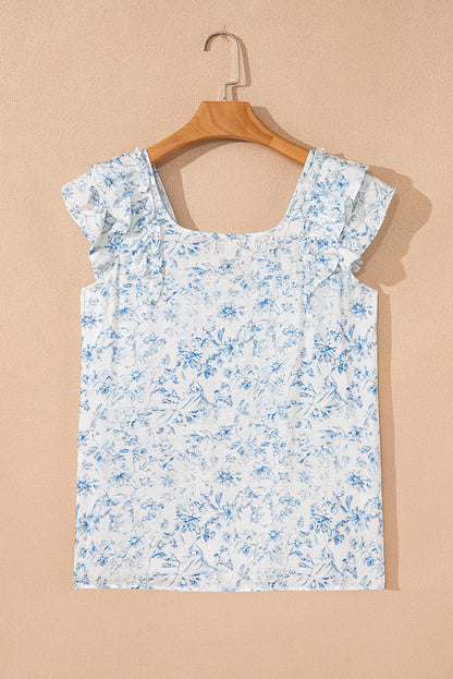 Floral Bow-Back Square Neck Ruffle Sleeve Blouse