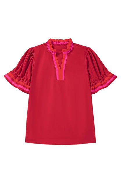 Stripe Frilled V-Neck Ruffle Short Sleeve Blouse