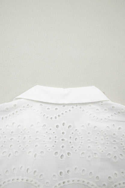 Solid Embroidered Eyelet Collared V-Neck Mini Dress