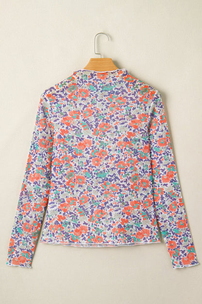 Floral Mesh Long Sleeve Mock Neck Top