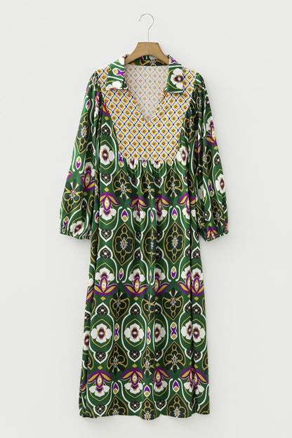 Plus Size Floral Patchwork Collared V-Neck Maxi Dress