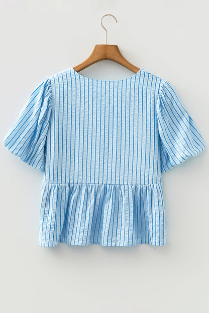 Bow Textured Puff Sleeve Babydoll Blouse