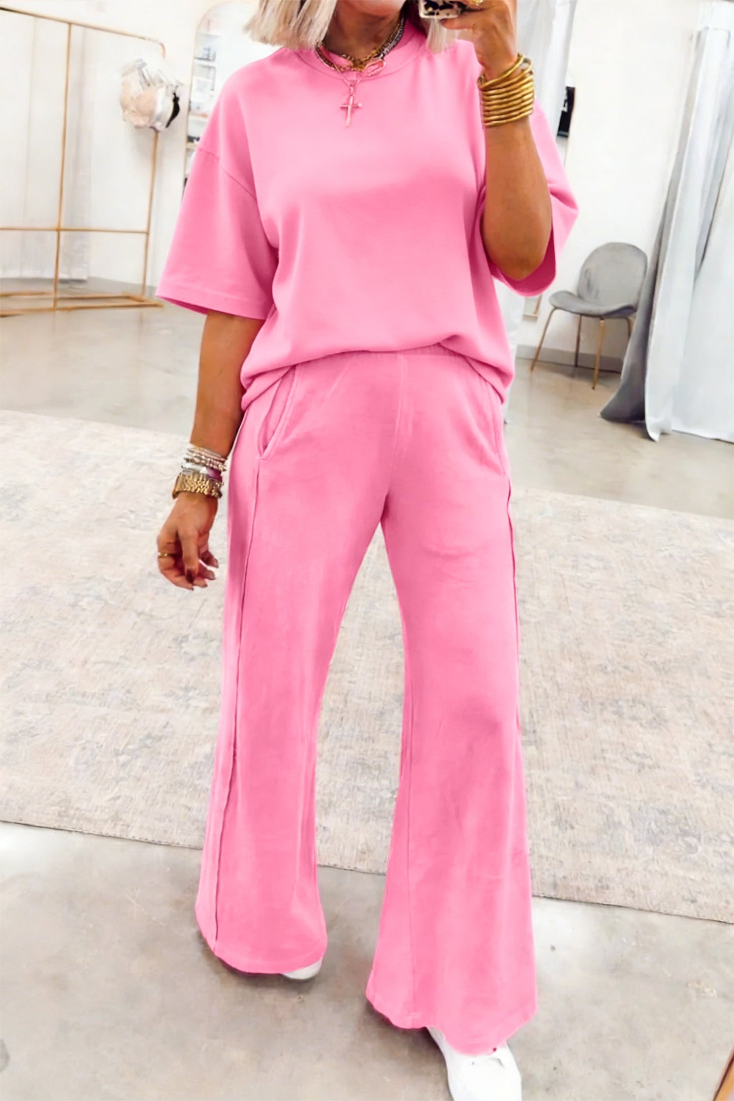 Solid Color Oversize Tee & Wide Leg Pants Set