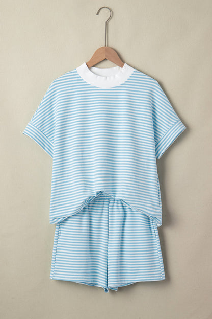 Stripe Contrast Mock Neck Tee & Shorts Set