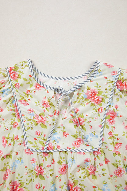 Floral Stripe Trim 3/4 Puff Sleeve Dress