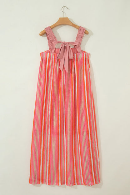 Stripe Textured Knit Ruffle Tie Back Maxi Dress
