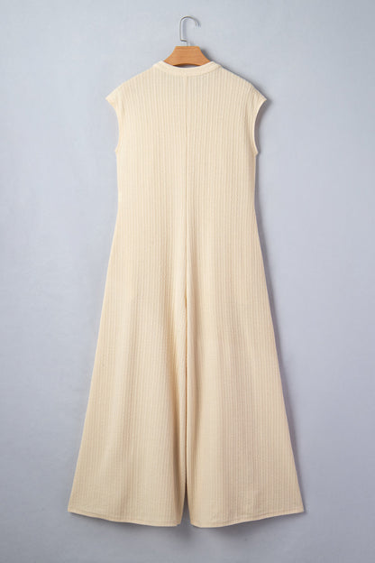 Ribbed Knit Half Buttoned Wide Leg Jumpsuit