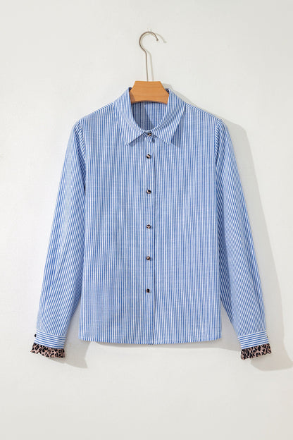 Stripe Leopard Ruffle Long Sleeve Buttoned Shirt