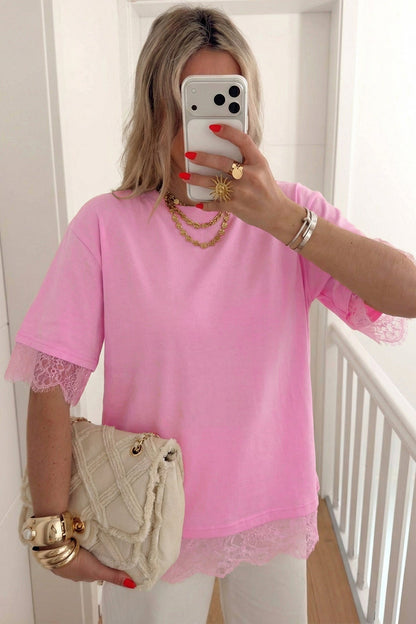 Floral Eyelash Lace Patchwork 3/4 Sleeve Tee