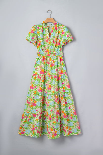 Floral V-Neck Short Puff Sleeve Maxi Dress