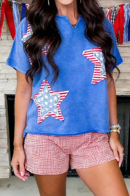 USA Star Patchwork Mineral Wash Notched Neck Tee