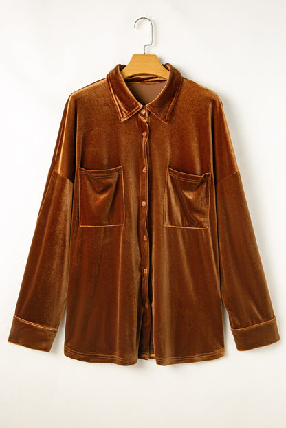 Plus Size Velvet Button-Up Pocketed Drop Shoulder Shirt