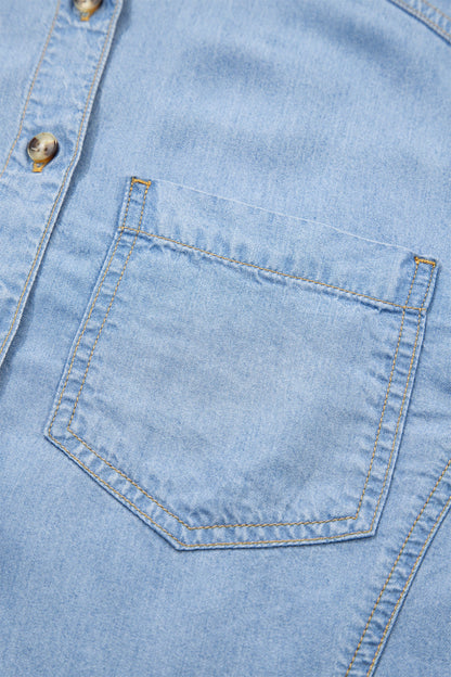 Denim Chambray Ruffle 3/4 Sleeve Buttoned Shirt