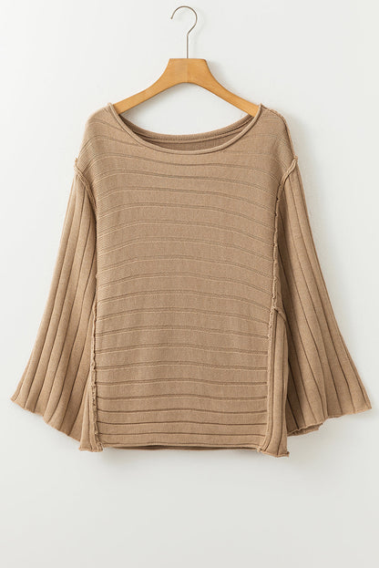 Ribbed Knit Reverse Seam 3/4 Sleeve Sweater