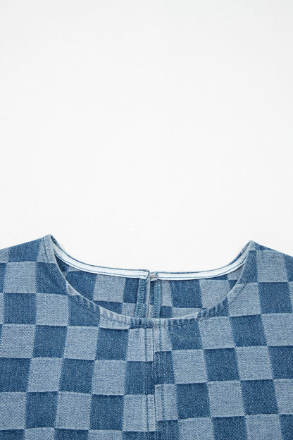 Checker Denim Frayed Hem Mini Dress