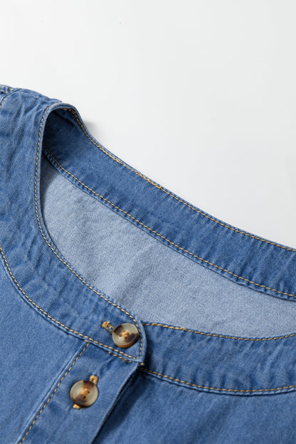 Denim Pleated Half Buttoned Short Sleeve Top