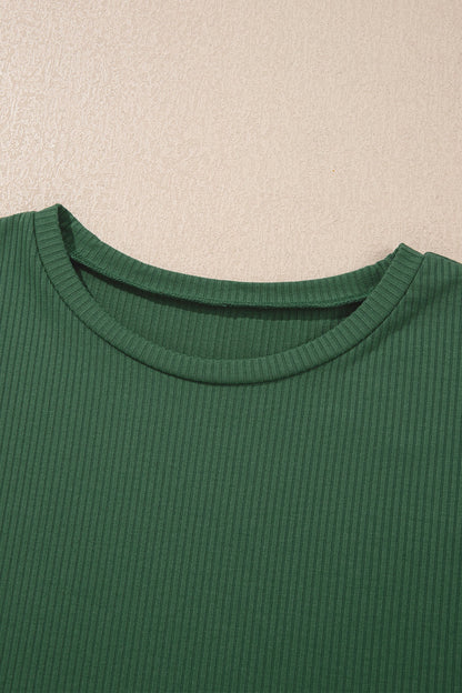Solid Ribbed Knit Ruffle Short Sleeve T-Shirt