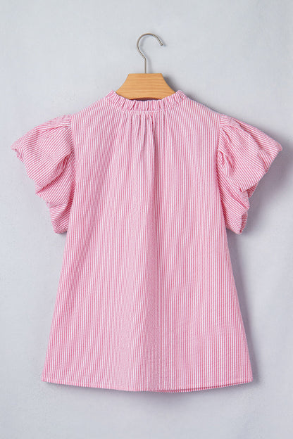 Stripe Short Bubble Sleeve Split V-Neck Blouse