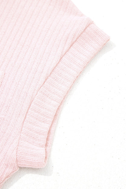 Solid Ribbed Knit Collared V-Neck Tee