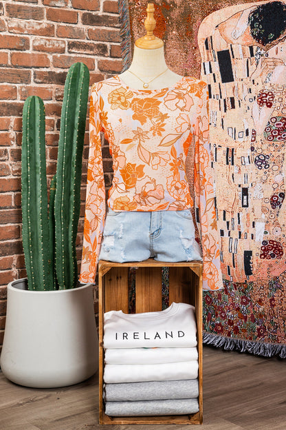 Floral Mesh Lettuce Trim Long Sleeve Top