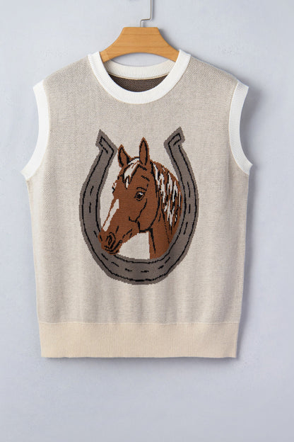 Western Horseshoe Colorblock Trim Sleeveless Sweater