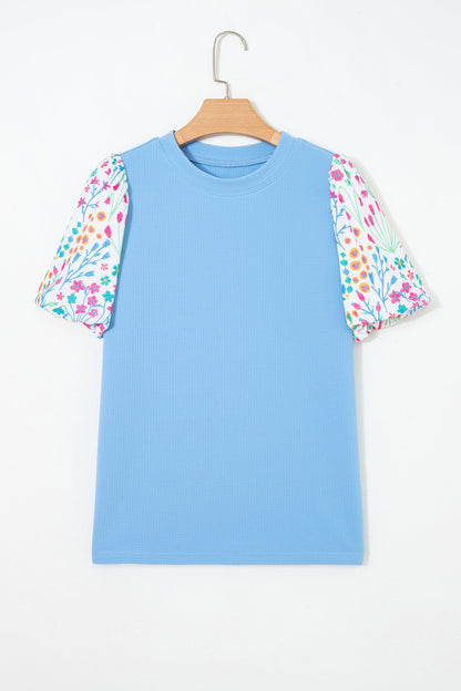 Floral Patchwork Bubble Sleeve Textured Blouse