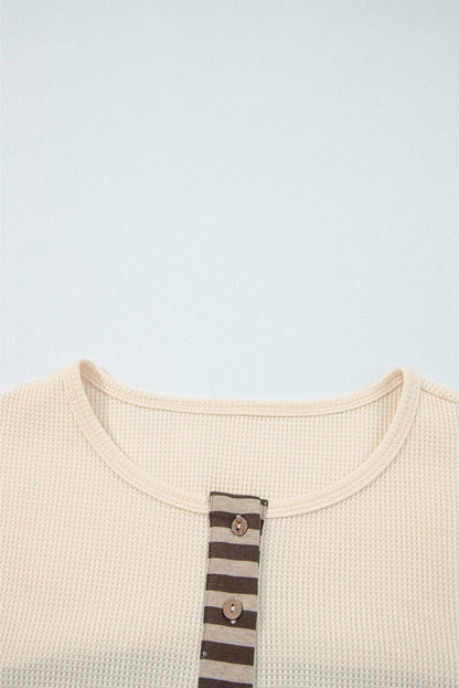 Stripe Plaid Patchwork Waffle Knit Henley Top