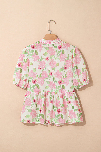 Floral V-Neck Puff Sleeve Peplum Blouse