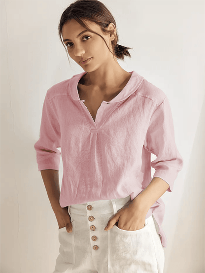 100% Linen Stripe Shawl V-Neck Half Sleeve Top JADE