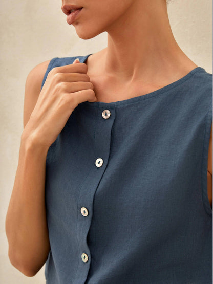 100% Linen Button Decorate Vest Naxi Skirts Set LUCIA
