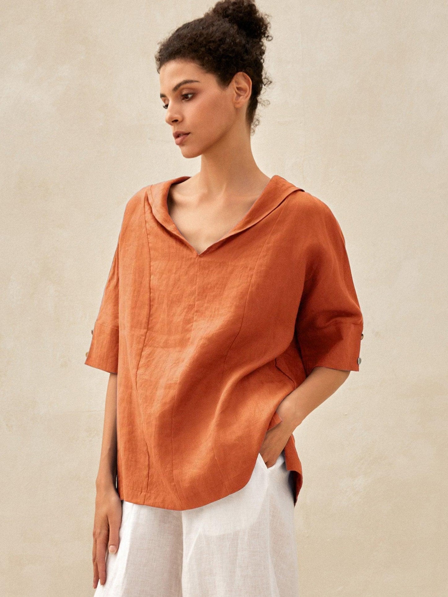 Linen V Neck Short Sleeve Shirt SIERRA