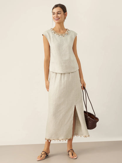 100% Linen Cap Sleeve Beaded Top BIANCA