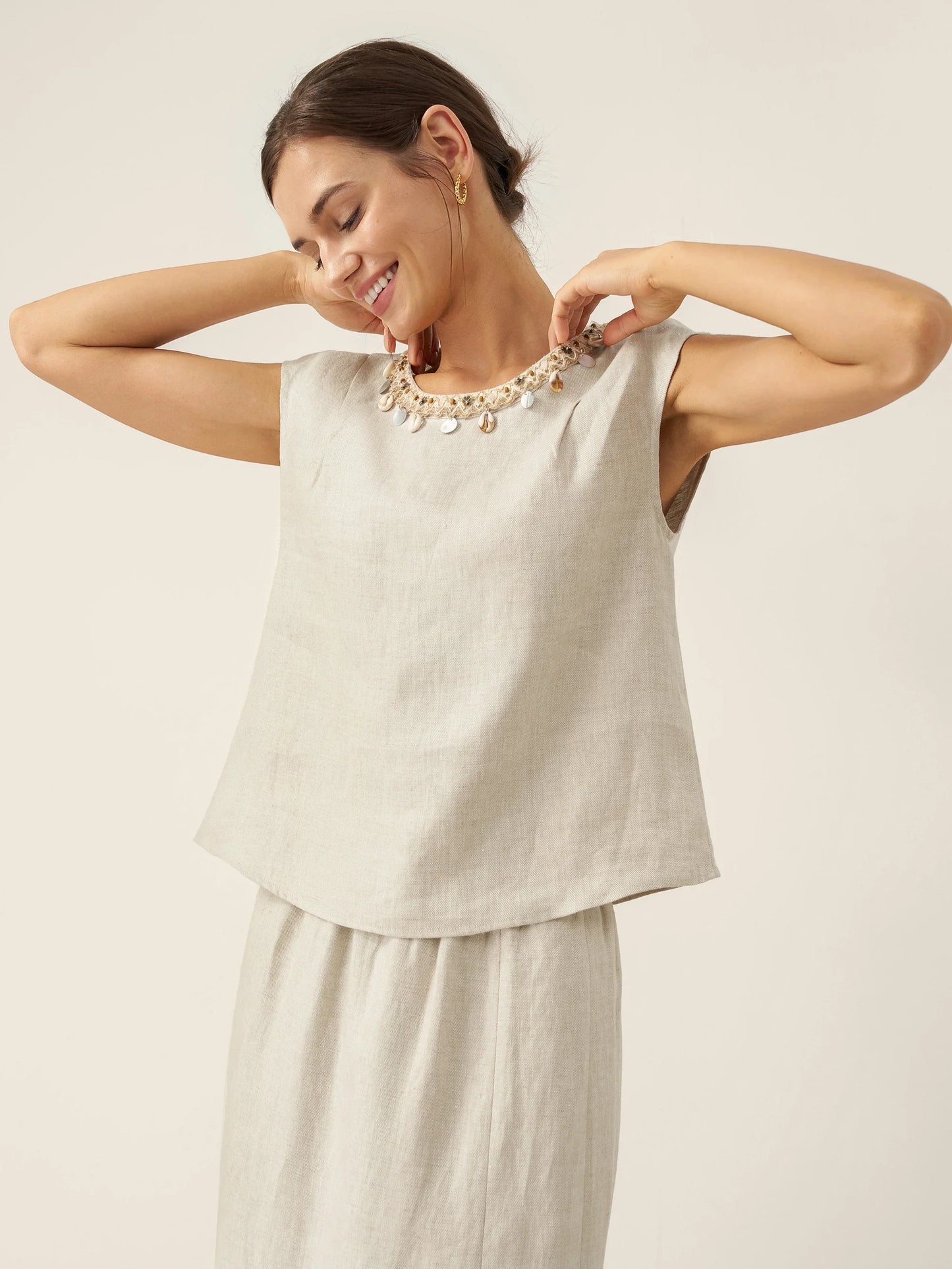 100% Linen Cap Sleeve Beaded Top BIANCA