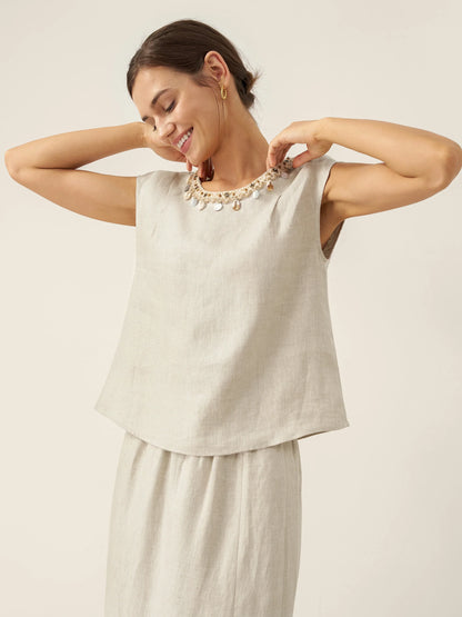 100% Linen Cap Sleeve Beaded Top BIANCA