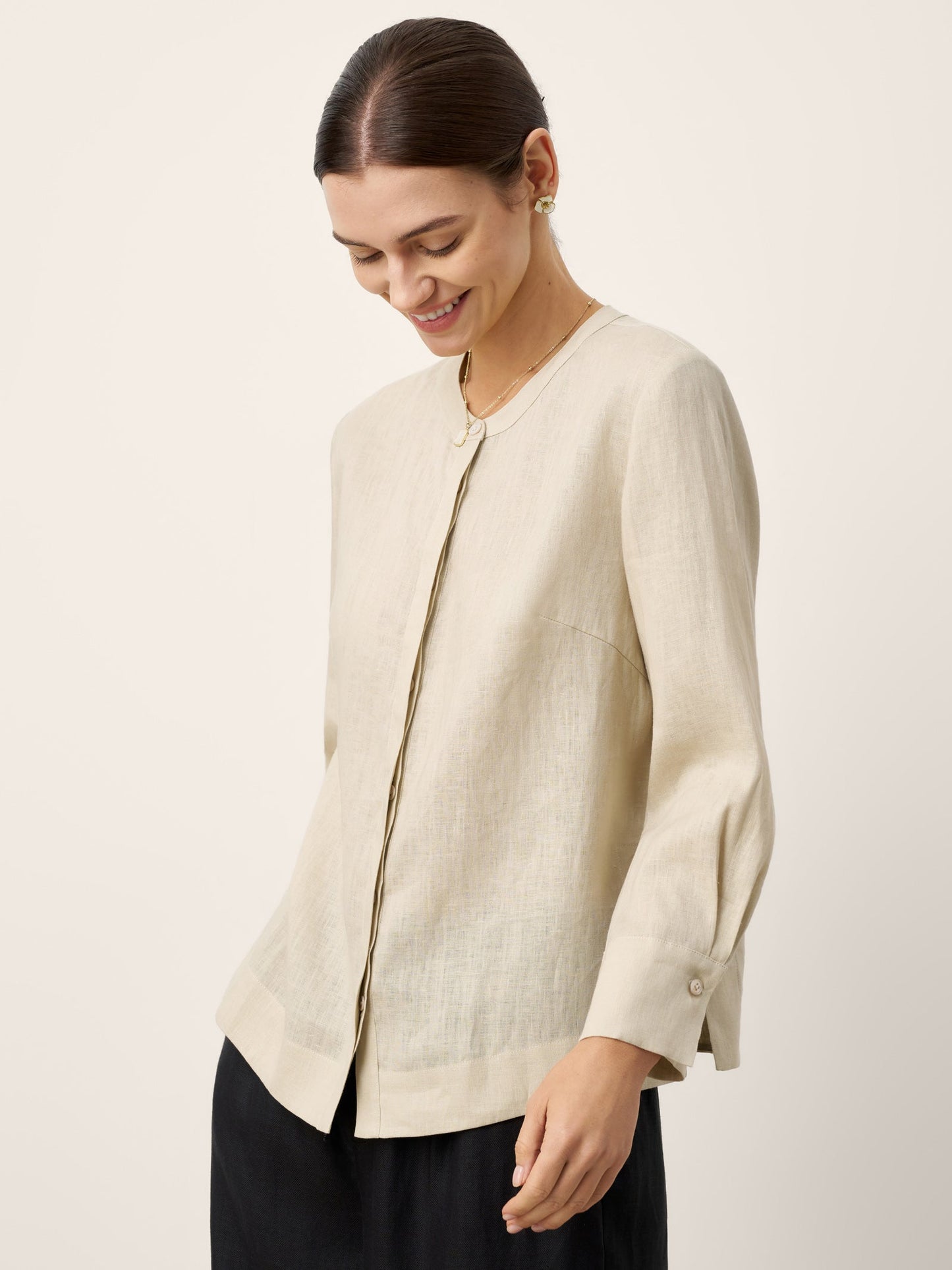 100% Linen Hidden Button Crew Neck Shirt INES