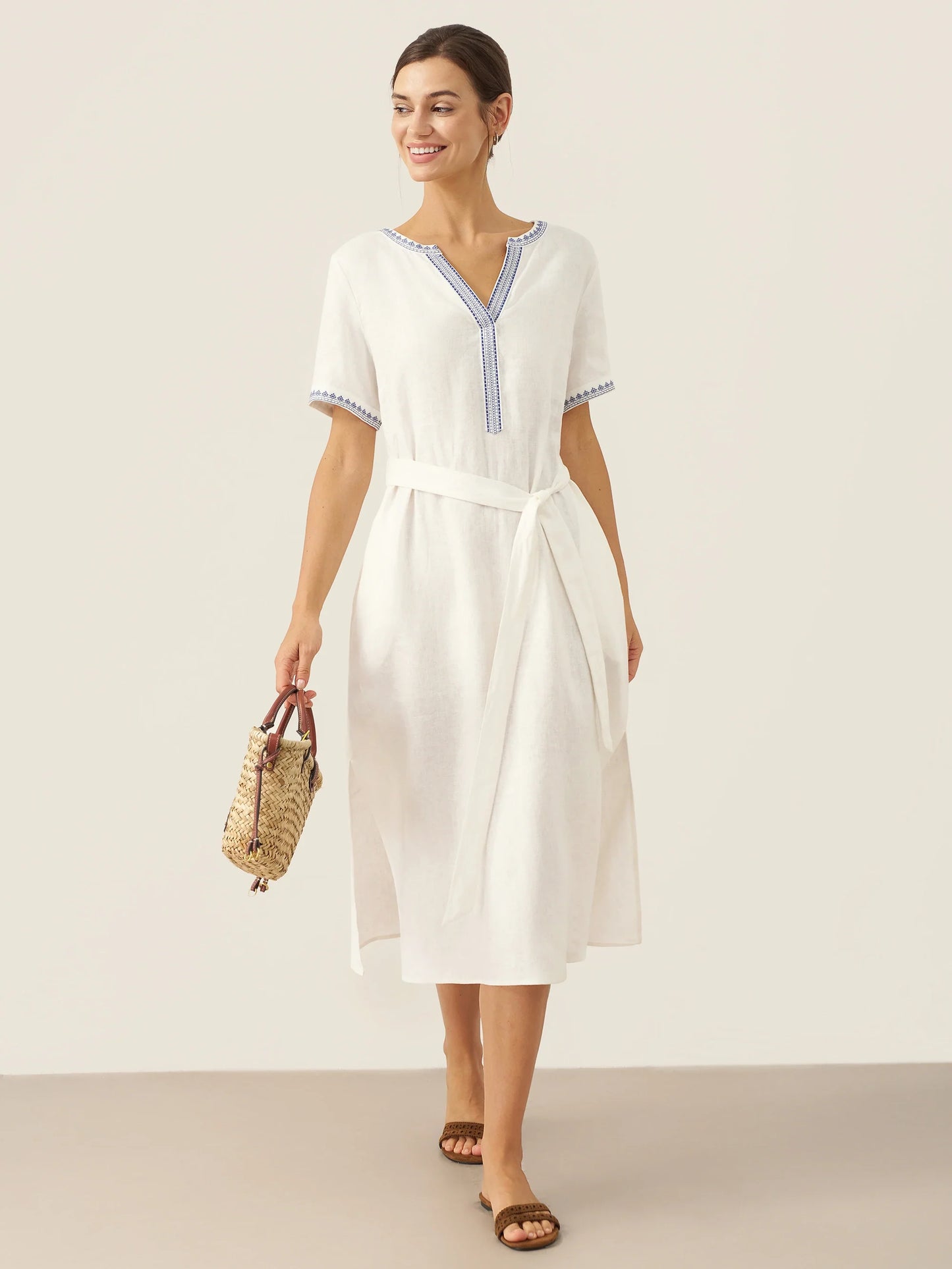 100% Linen Embroidered V-Neck Midi Dress with Belt FELLIS