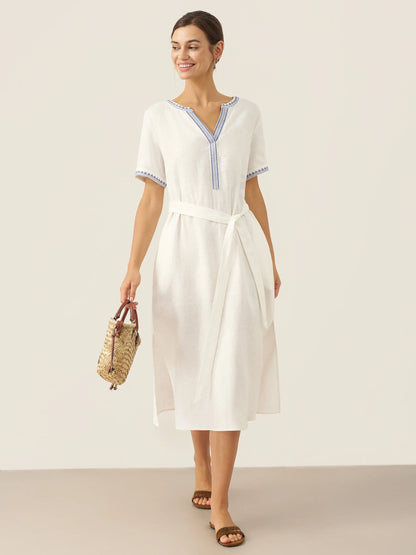 100% Linen Embroidered V-Neck Midi Dress with Belt FELLIS
