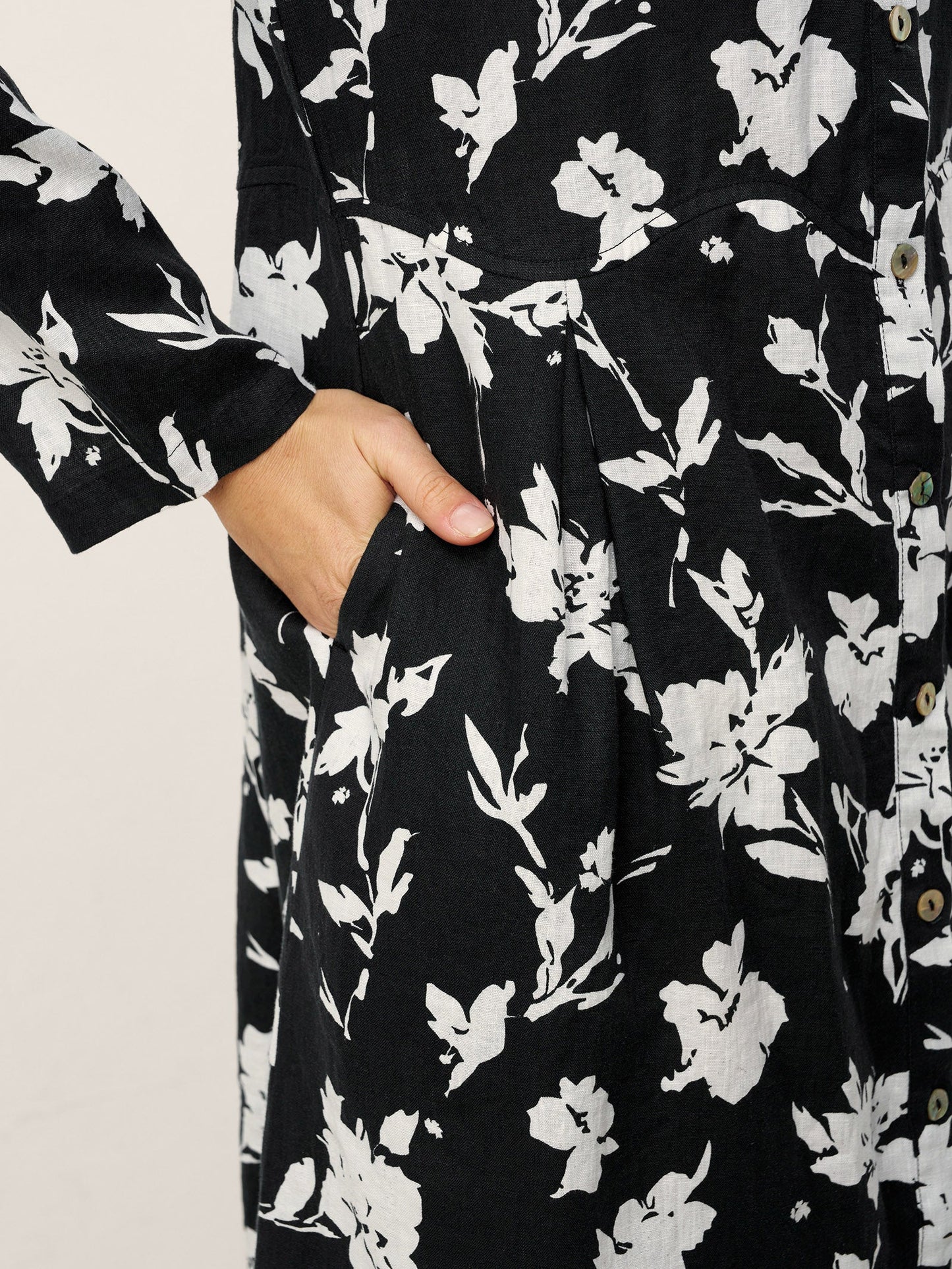 100% Linen Floral Printed Gathered Maxi Dress ELODIE