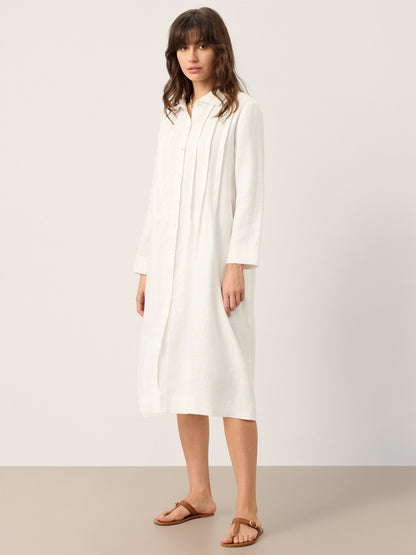 100% Linen Embroidered Pintuck Midi Shirt Dress SYLVIA