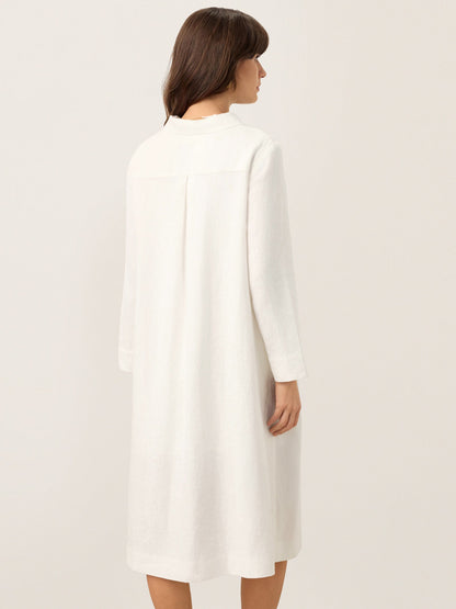 100% Linen Embroidered Pintuck Midi Shirt Dress SYLVIA
