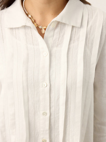 100% Linen Embroidered Pintuck Midi Shirt Dress SYLVIA