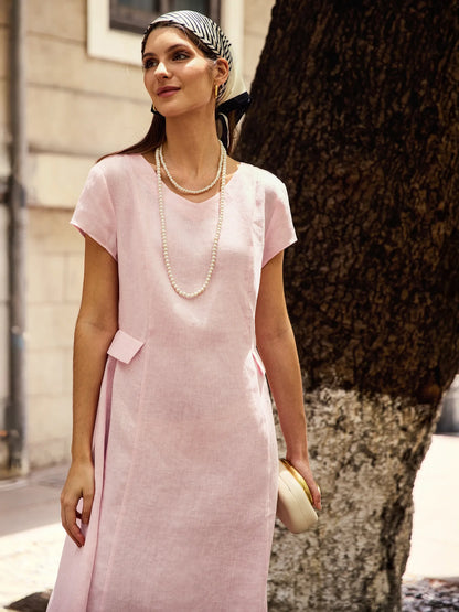 100% Linen Natural Summer V-Neck Dress ALEXA