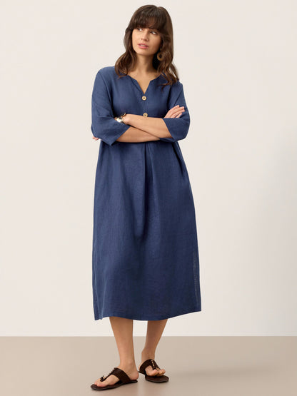 100% Linen Notch Neck Inverted Pleat Maxi Dress MATILDE