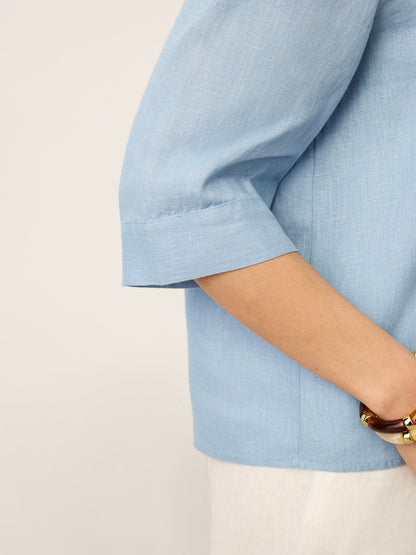 100% Linen Split Neck Inverted Pleat Top TABITHA